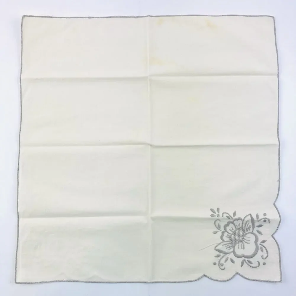 Vintage Large Tablecloth and 12 Napkins Embroidered Cream Grey Floral Bell Gray